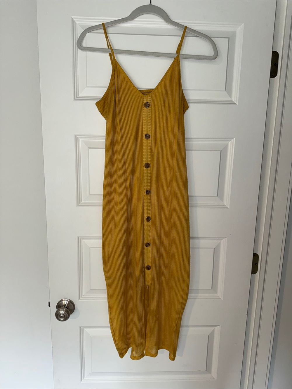 Express Mustard Ribbed Button-Front Midi Dress